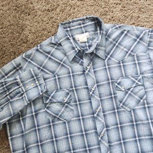 Wrangler Wrancher Shirt Vintage Cool Blue Plaids Pearl Snap Men's 3X BIG Western